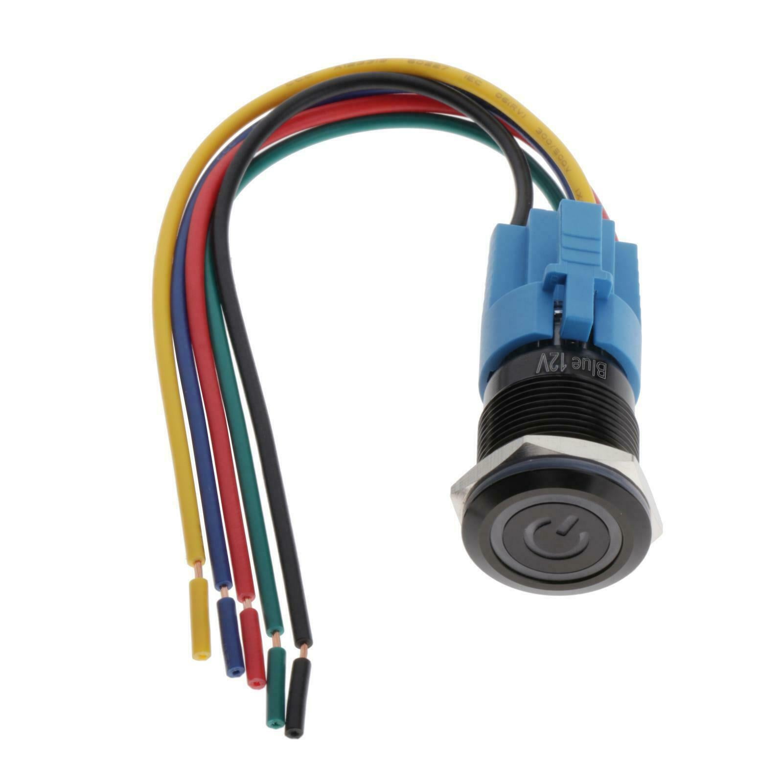 12V Black Latching Push Button Power Switch IP67 Waterproof Blue LED