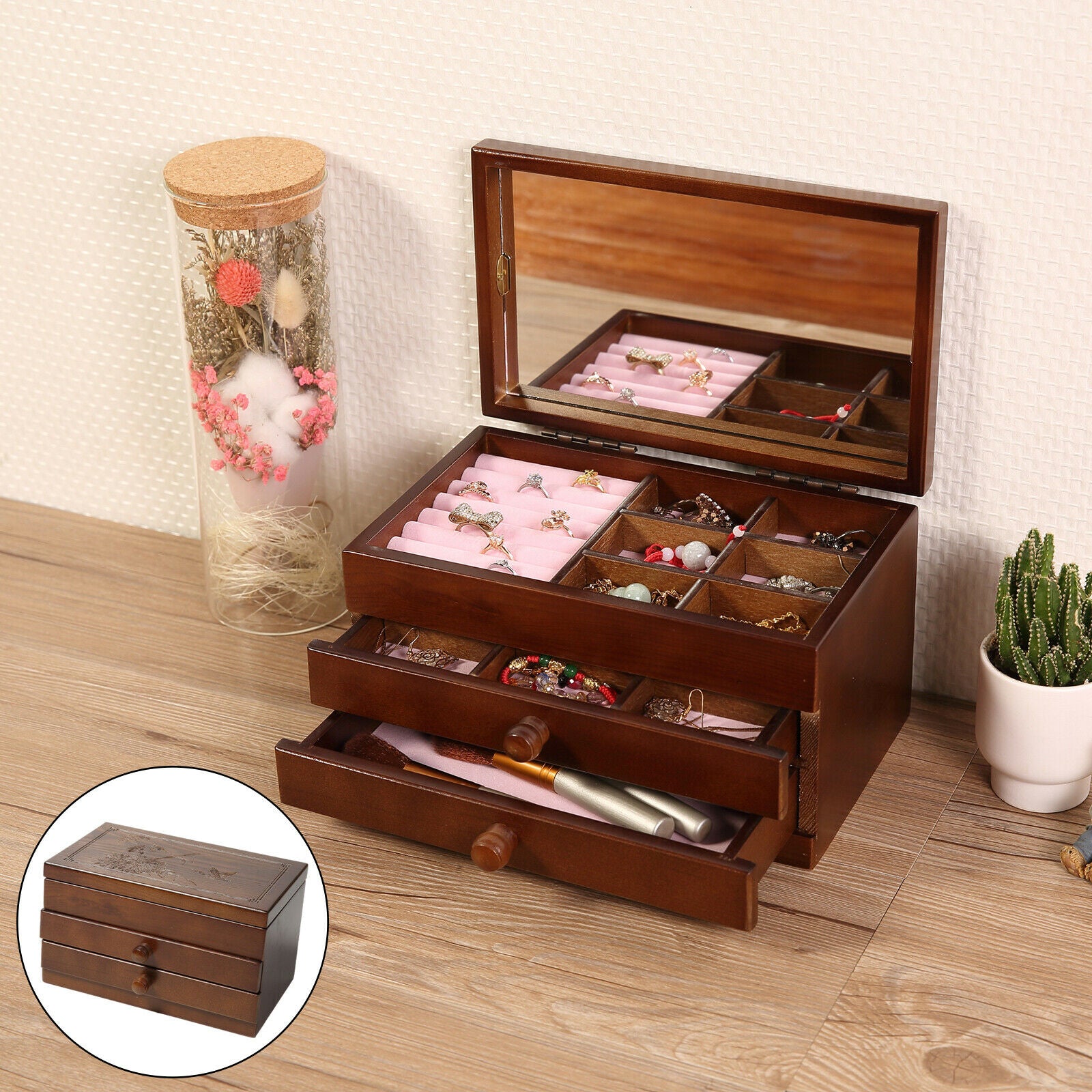 Wooden Jewelry Box Earrings Organizer Case with Mirror & Drawer for Women
