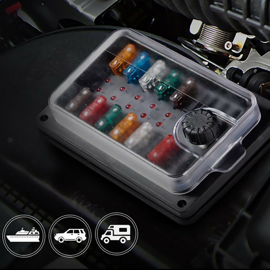 Car Boat 10-Way Waterproof Blade Fuse Box Block with LED for Universal