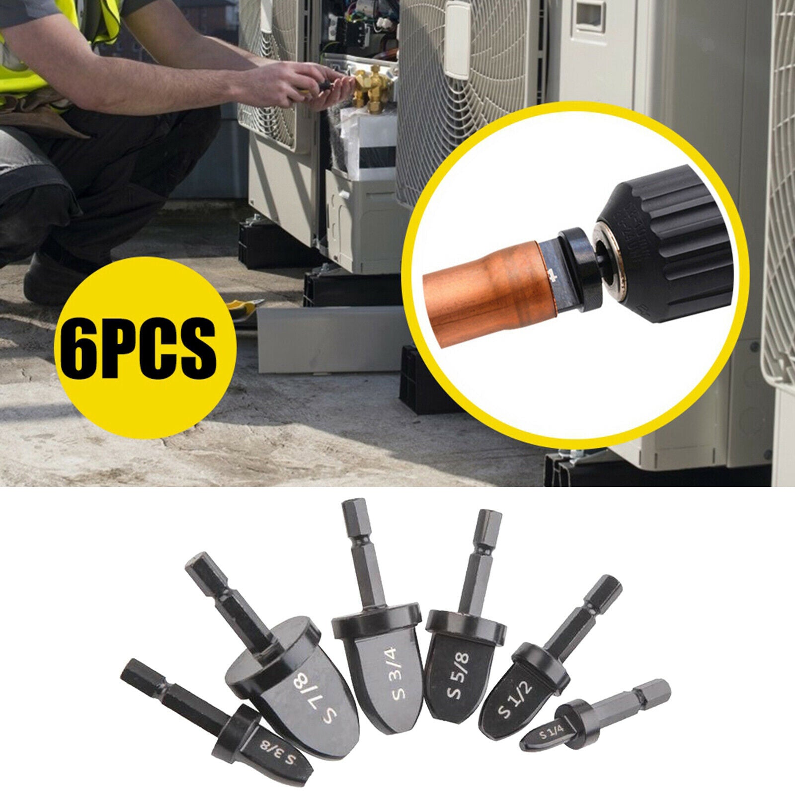 6pcs Swaging Tool Drill Bit Set Copper Pipe Flaring Tool Bearing Steel 7/8" 3/4"