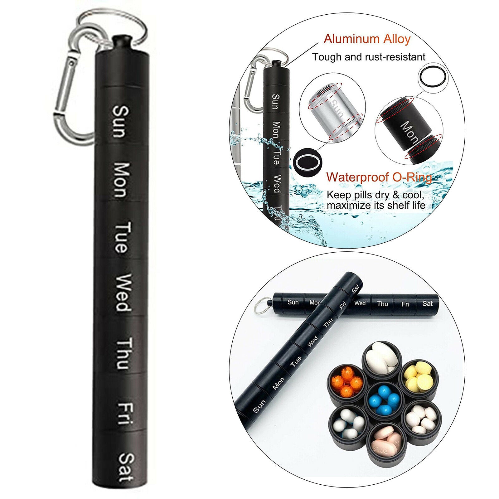 Pill Organizer 7 Day Daily Pill Case Waterproof Pill Tube Holder  Black