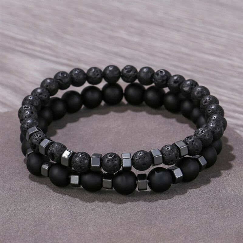 2Pcs/Set Natural Lava Stone Rock Volcanic Beads Elastic Bracelet Men Jewe.l8
