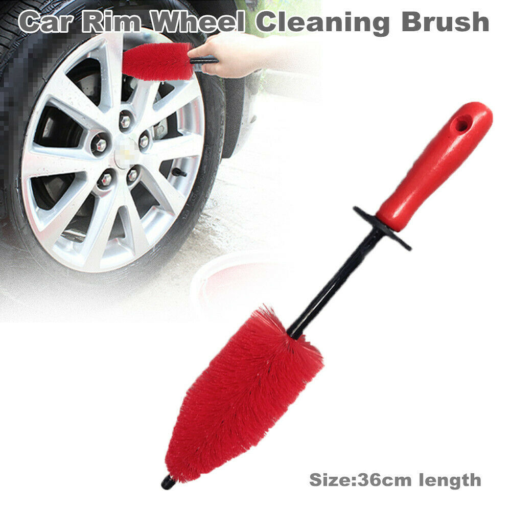 36CM Super Strong Auto Car SUV Wheel Tire Rims Cleaning Brush Wooden Handle Red