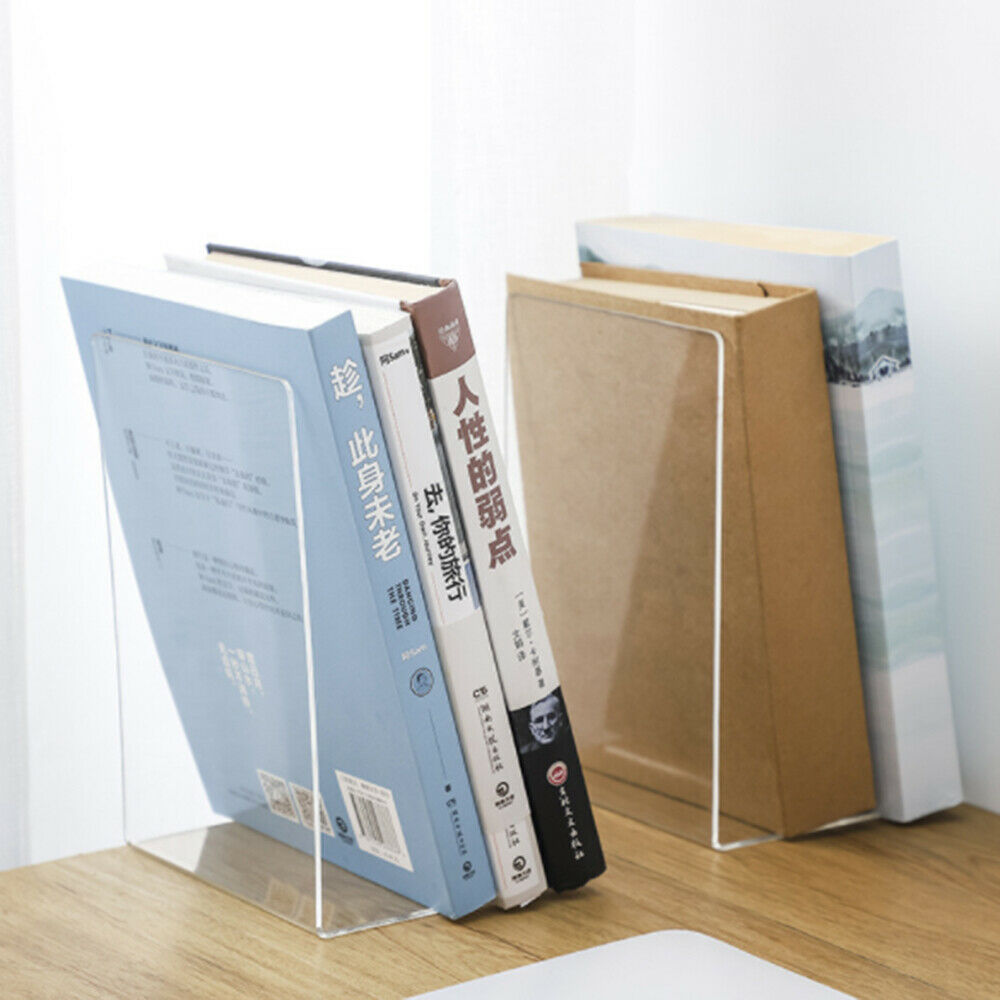 2Pc Transparent Bookends Book Display Stand Holder Frame Document Desk Organizer