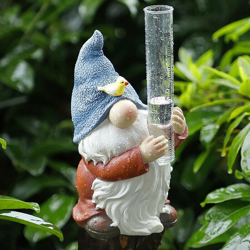 Gnome Rain Gauges Garden Statue with a Plastic Rain Gauge Hand Painted Sculpture