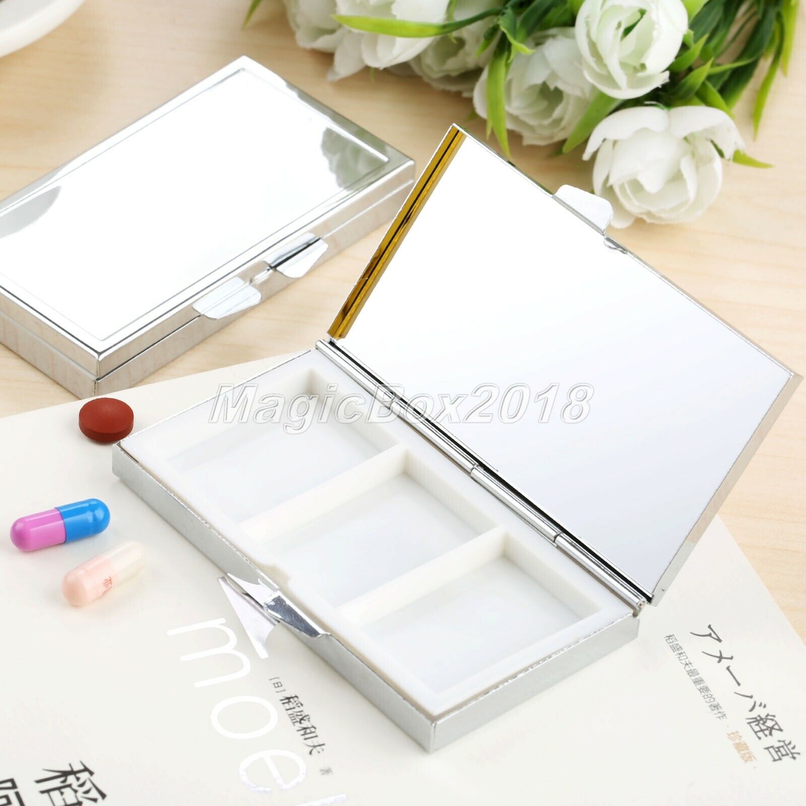 3 Grids Portable Pill Box Medicine Vitamin Organizer Container Rectangle Metal