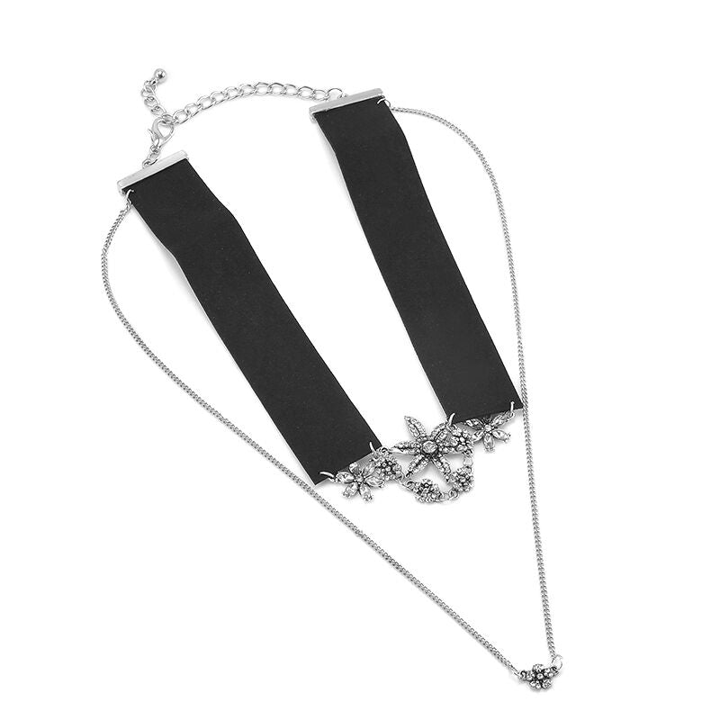 Double Chain Leather Collar Chain Choker Necklace Flower Crystal Pendant Jewelry