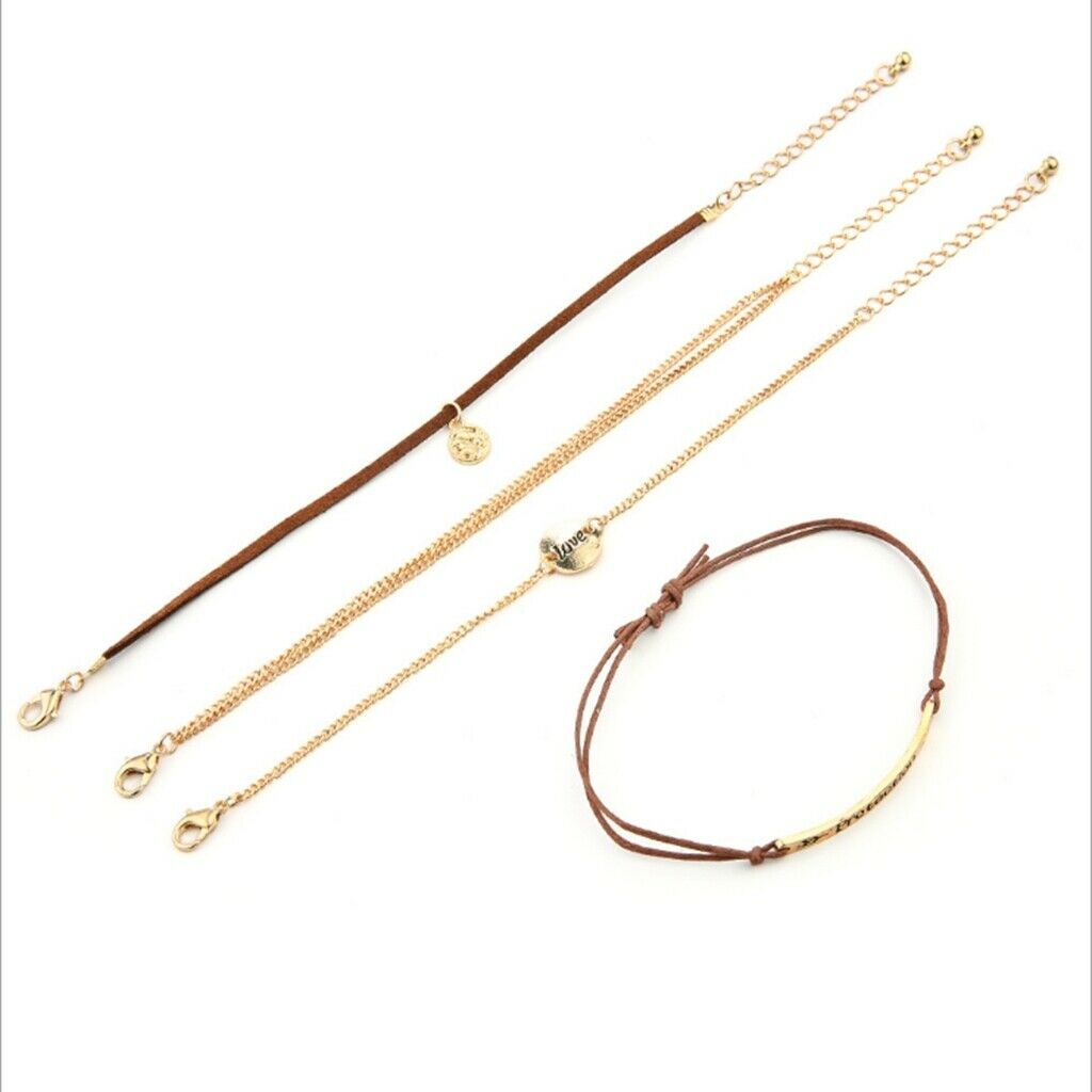 Womens Love Letter Multilayer Chains Metal Coins Bracelet Leather Rope 18cm