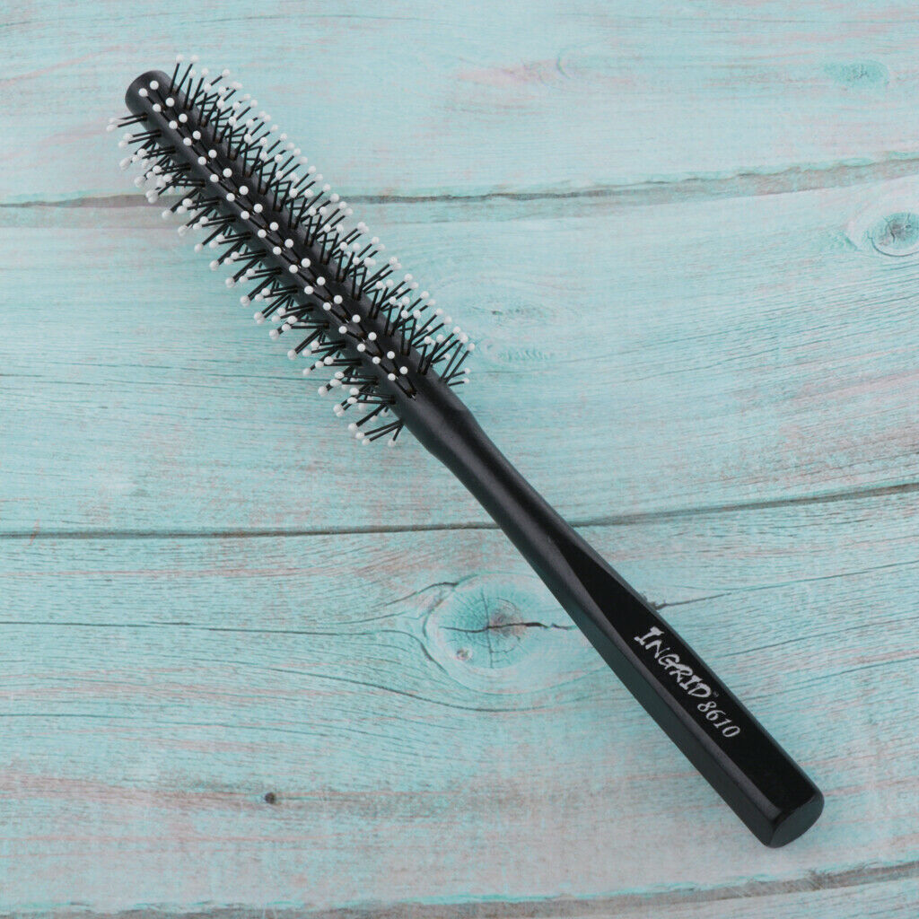 Mini Round Hair Brush Nylon Bristles Black Long Wood Handle Hair