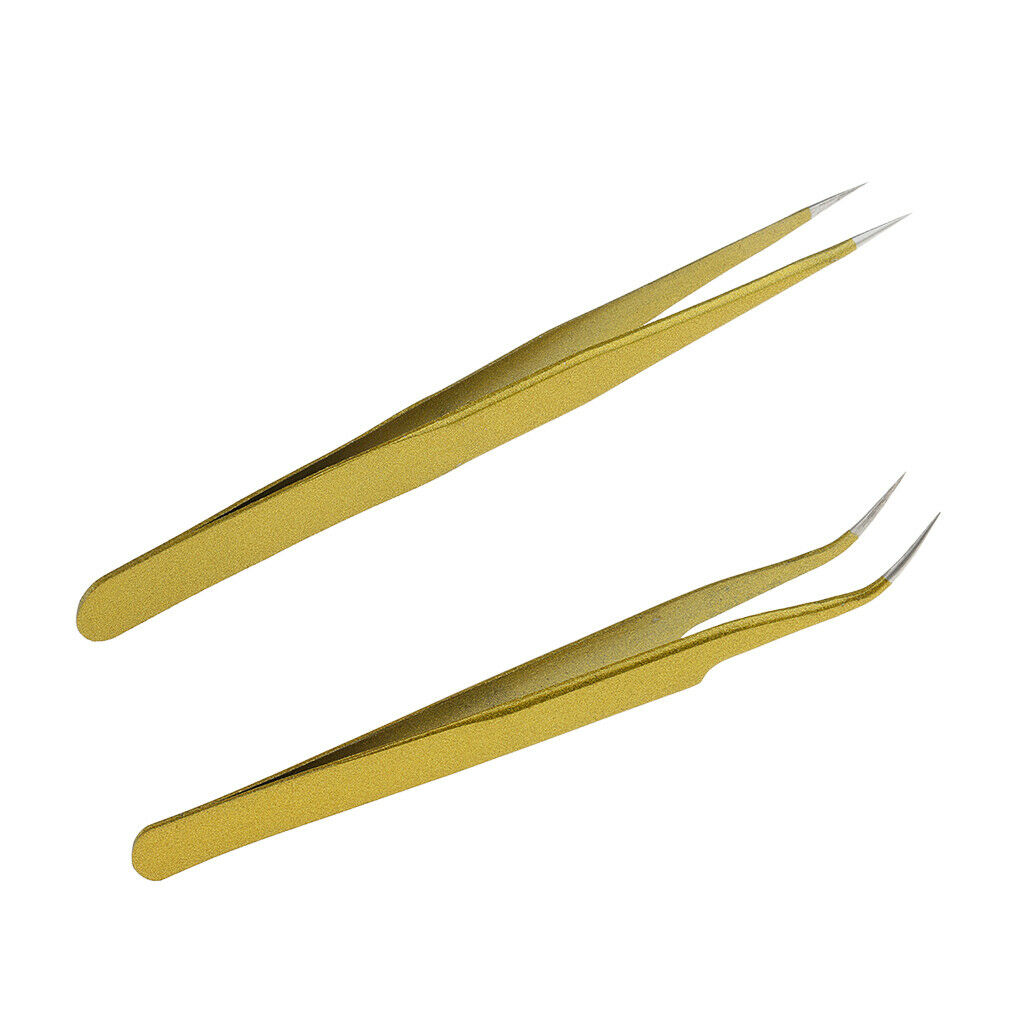 2 Pieces Curved + Right Stainless Steel Artificial Eyelash Extensions Tweezer