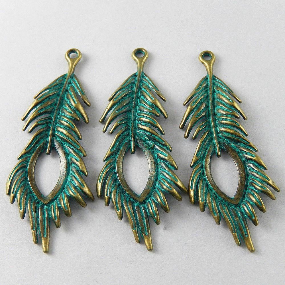 10 pcs Antiqued Zinc Alloy Patina Green Peacock Feather Charms Pendant 71x27mm