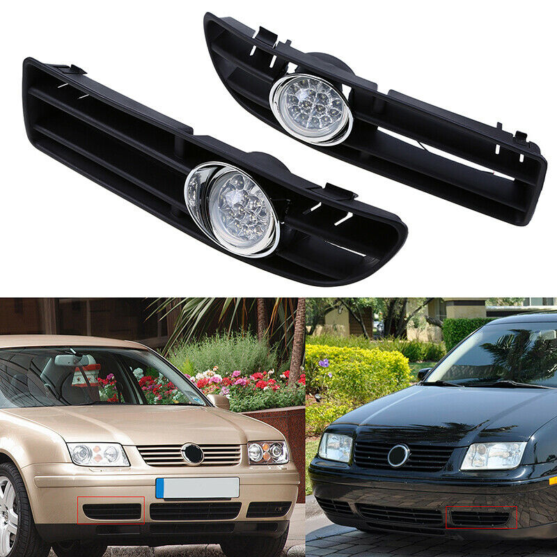 Pair Front LED Bumper Grille Fog Lights Lamp White For VW Bora Jetta MK4 99-07