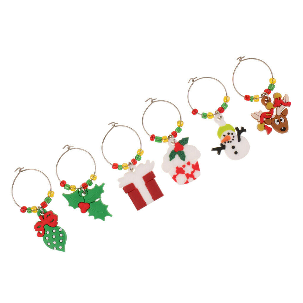 Pack of 6 Cartoon Christmas Wine Glass Charms Rings Pendants Party Supplies
