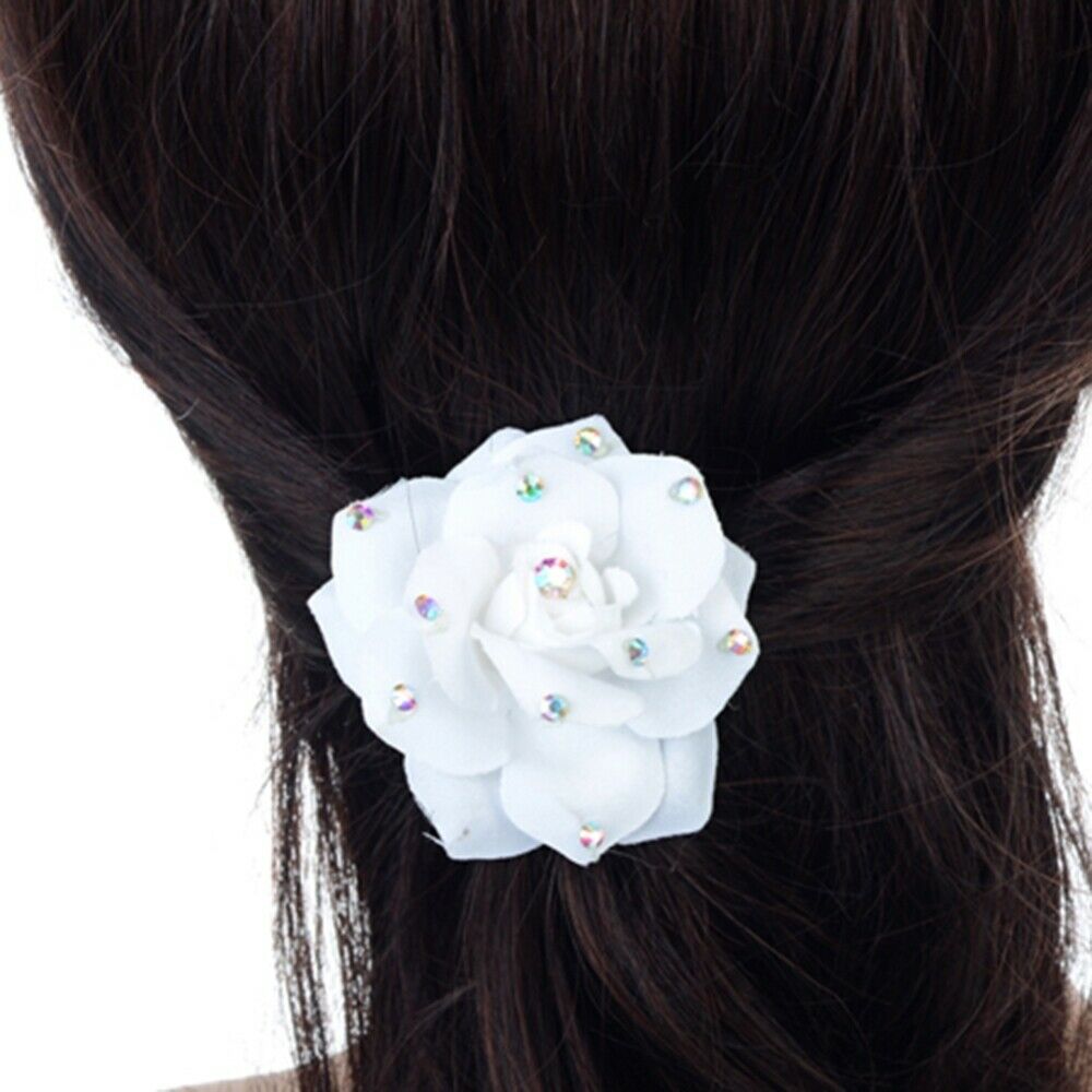 Women Hair Clips 10pcs White Rose Cloth Crystal U-shaped Hair Pin Barrette Party