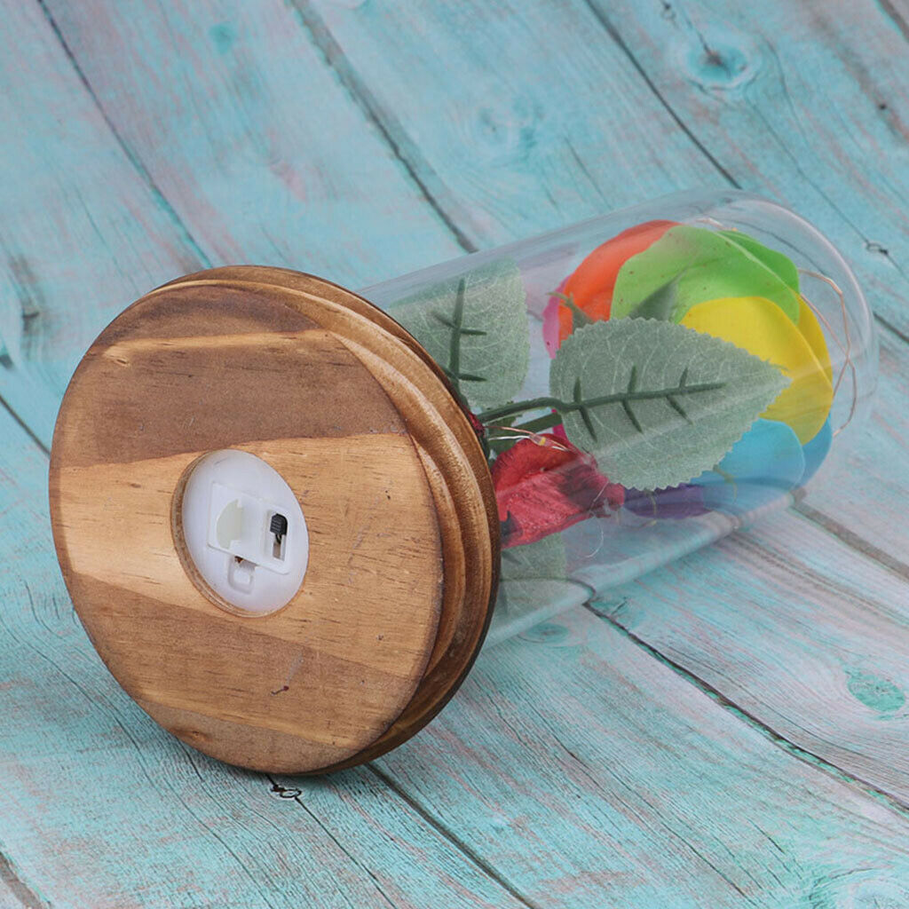 Flower and LED Light in Glass Dome on a Wooden Base Valentine Gift  A