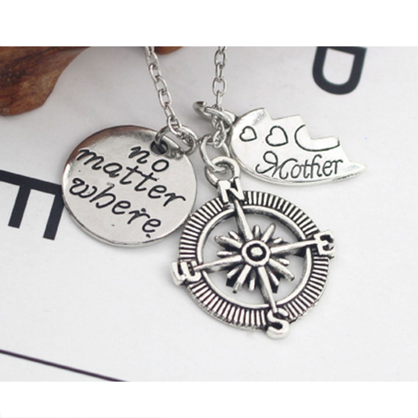 Mother Daughter Best Friends No Matter Where Heart Compass Pendant Necklace Set
