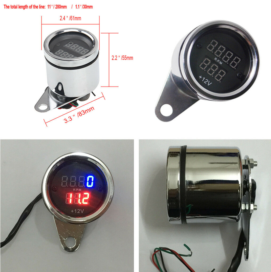 Motorcycle Motorbike Digital Tachometer Voltmeter Gauge Voltage Waterproof 12V