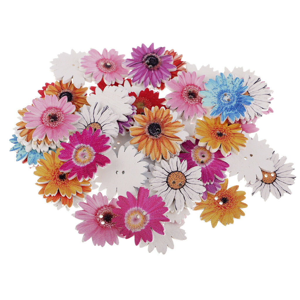 100x Mixed Daisy Flower Wooden Decorative Craft Buttons for Decoration 25mm
