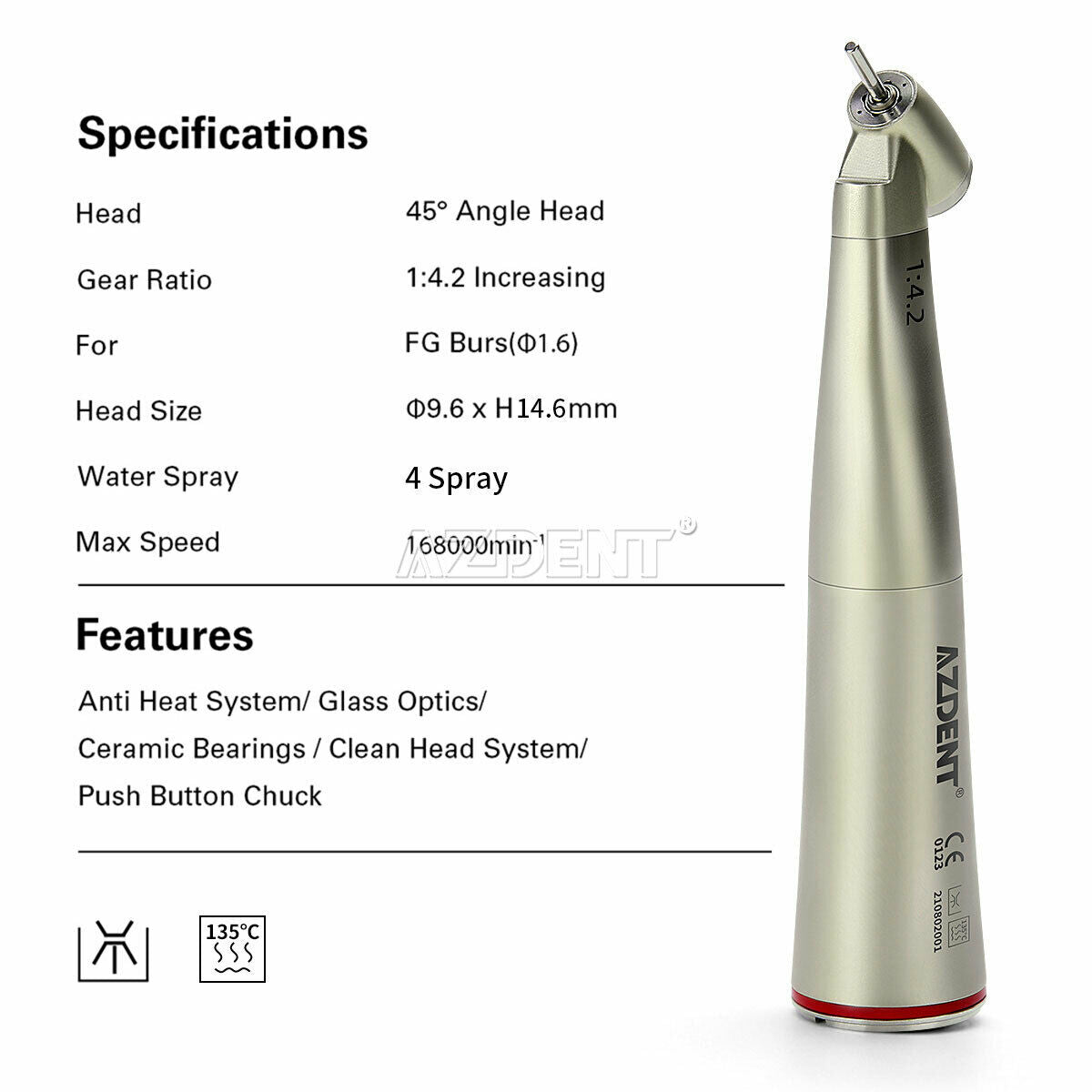 45 Degree Dental Contra Angle with led light surgical handpiece 1:4.2 Increasing