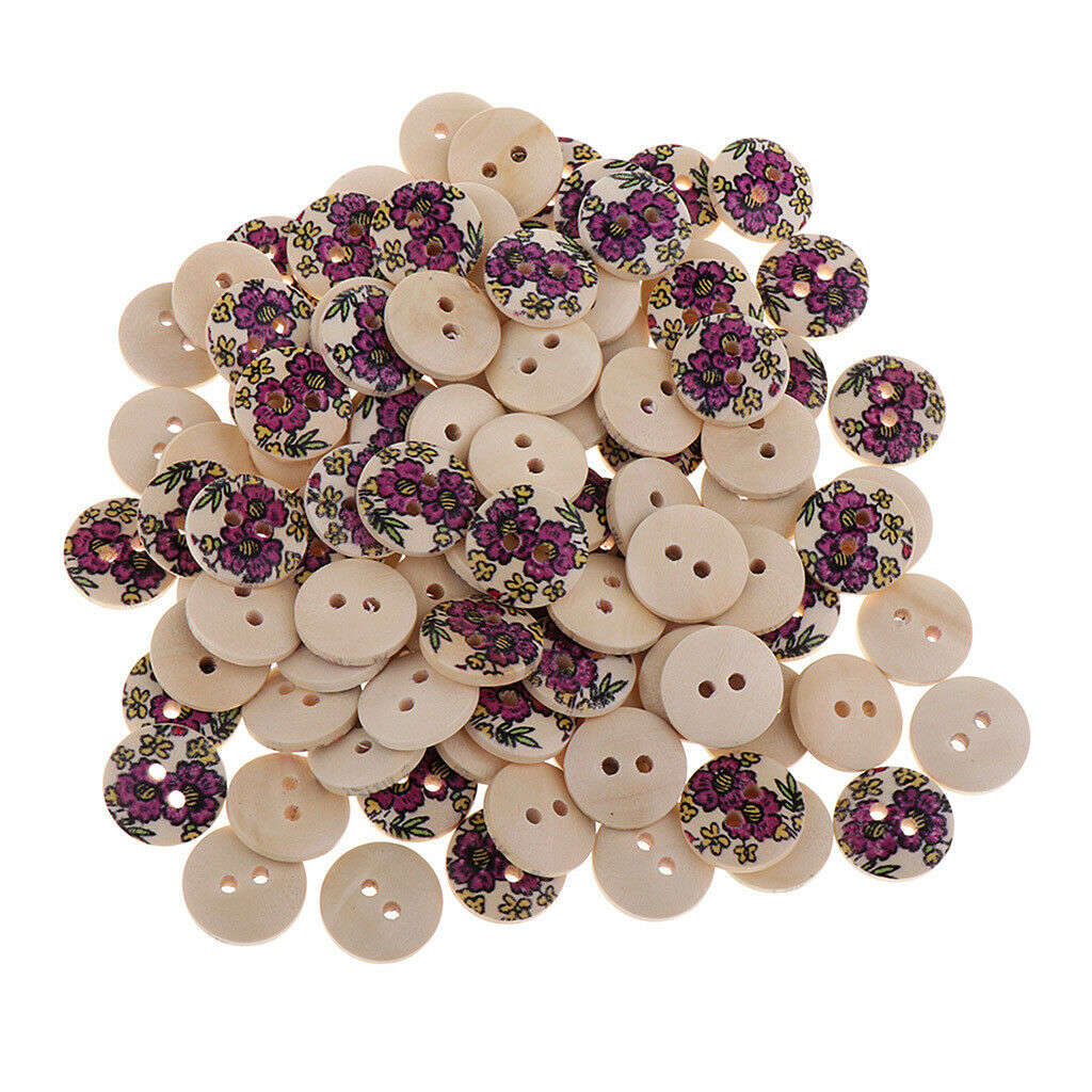 100 Printed Wooden Button 2 Holes Decorative Button for Garment Accessories