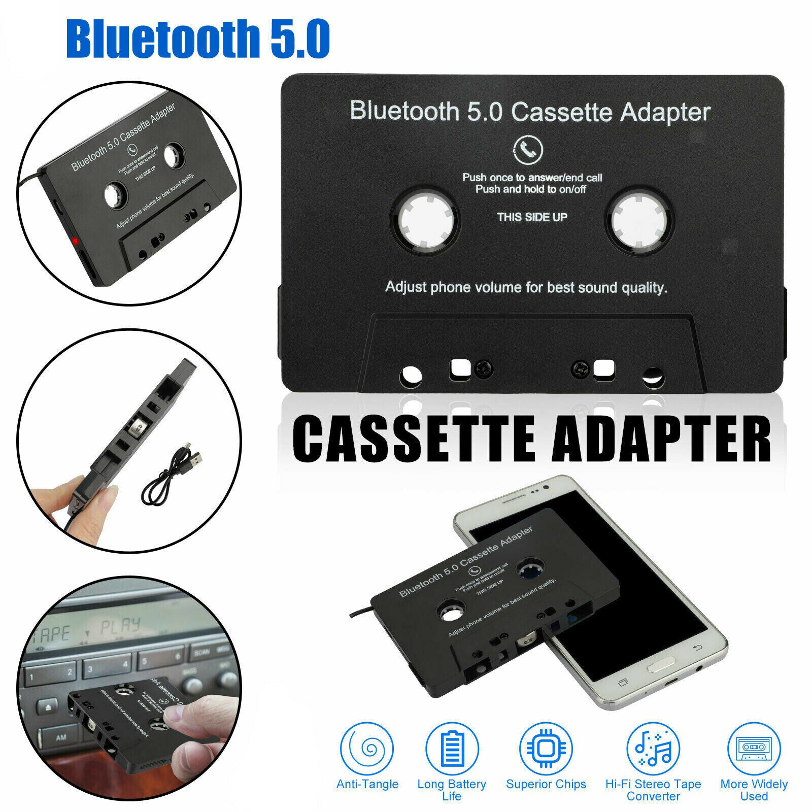 Universal Cassette to Aux Adapter with Stereo Audio Premium with 3.5mm Headphone