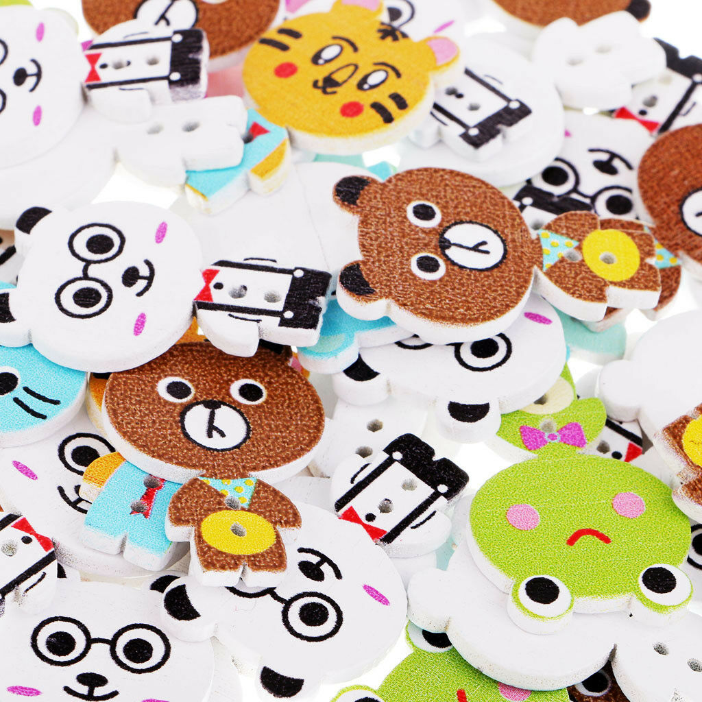 50pcs Lovely Cartoon Animal Wood Sewing Buttons 2 Holes for Scrapbook Crafts