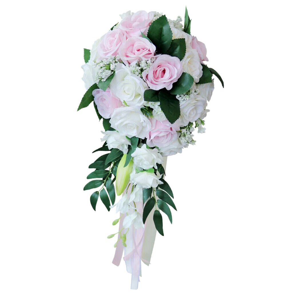 Wedding Hand Bouquet Bridal Holding Artificial Flowers White + Pink