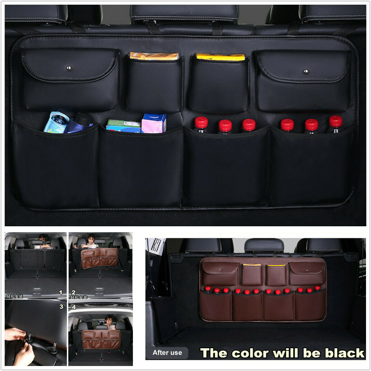 1x Car Seat Back PU Leather Organizer Bag Multi-use Interior Tidying Storage Bag