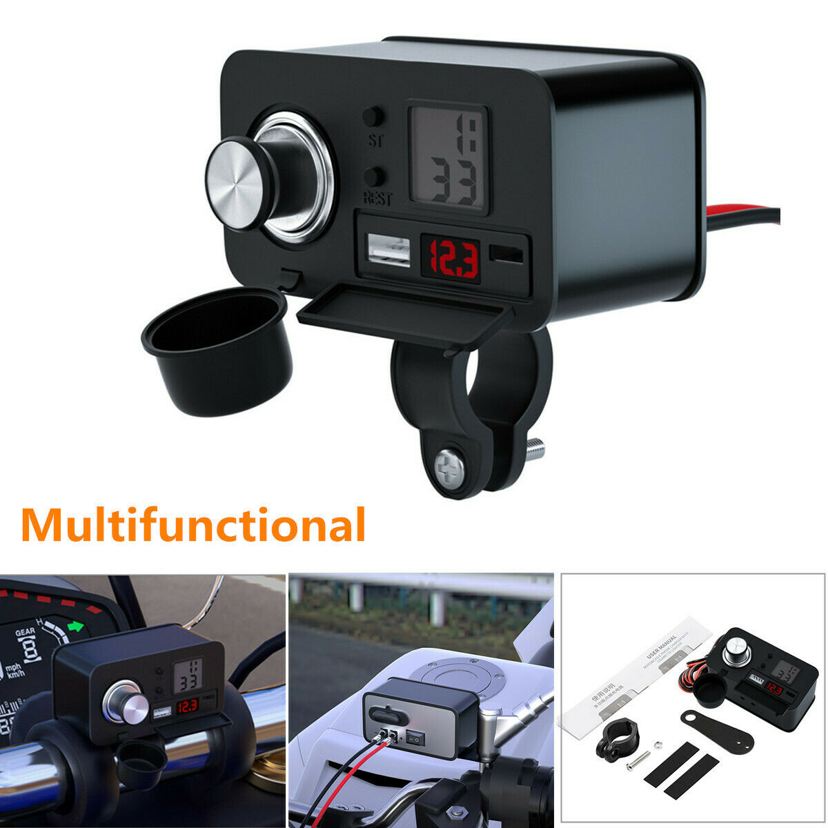 Motorcycle USB Phone Charger 12V PD Fast Charge Cigarette Lighter with Voltmeter