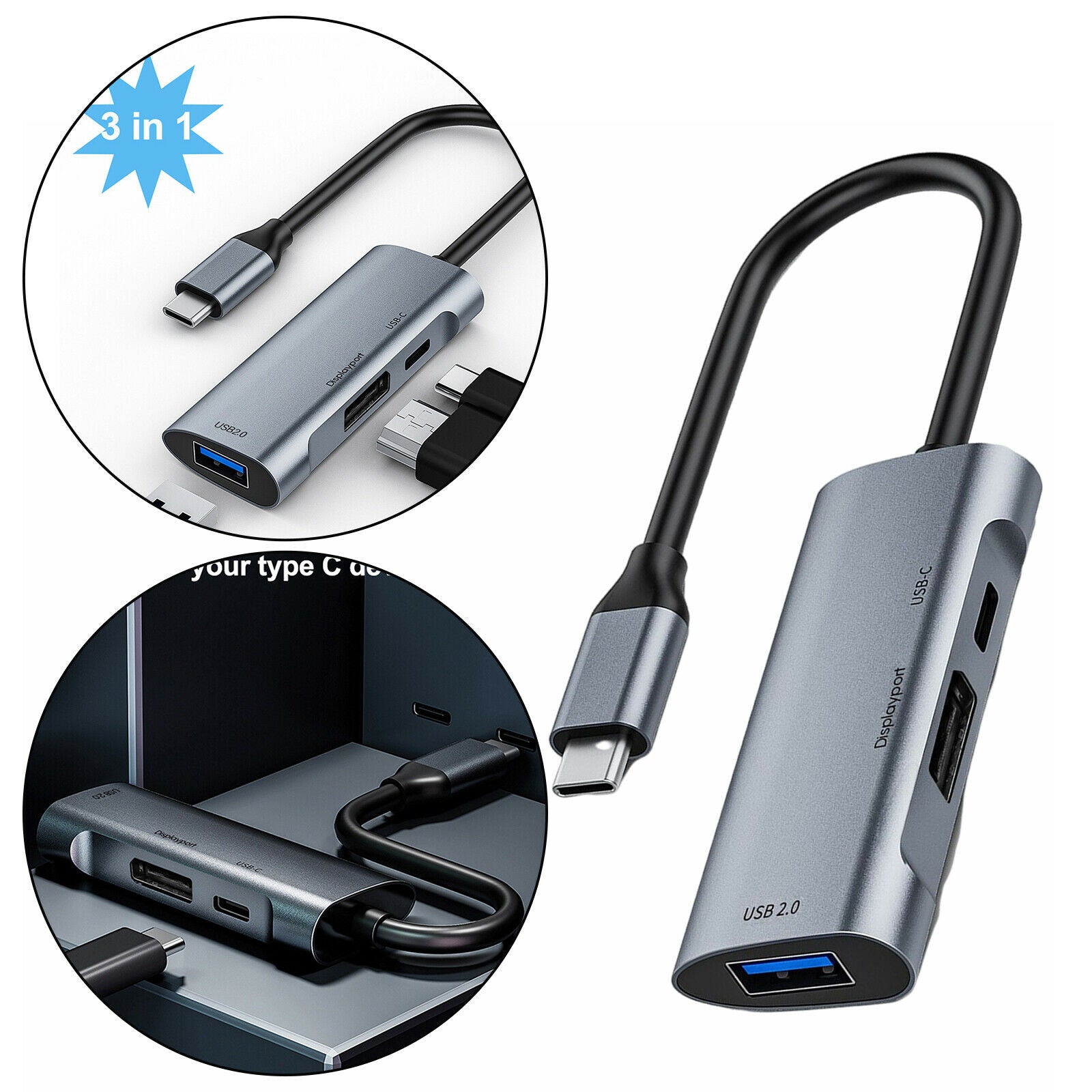 USB C to Display Adapter 480Mbps 60W PD Charger for MacBook Pro Smartphones