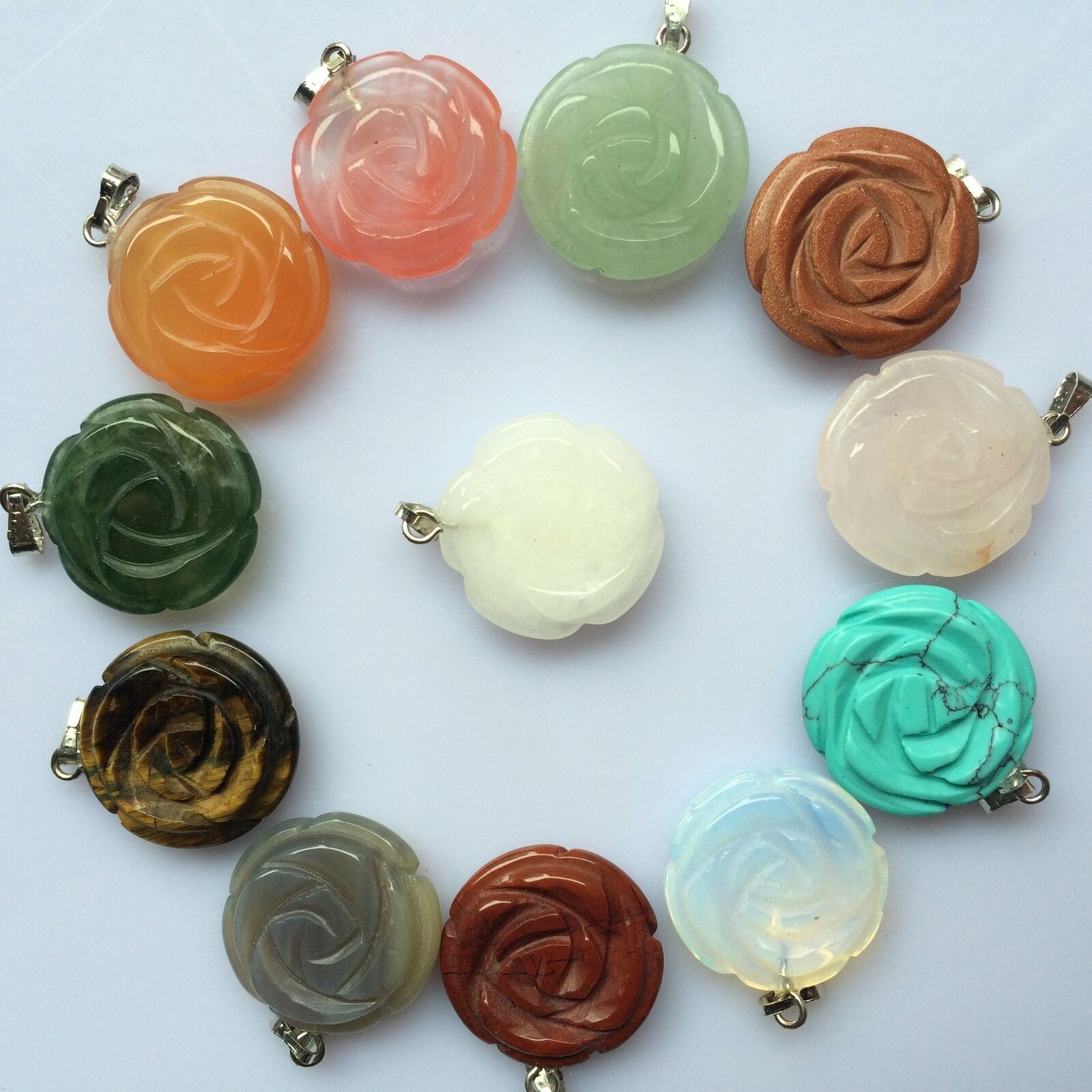 12Pcs Multicolor Mixed Stone Carved Flower Pendant For Necklace 35x8mm HH6845
