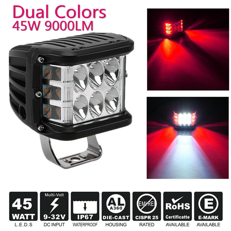 1 Pcs DC10-48V 4'' 9000LM 12LED Work Light 45W Side Shooter Combo Beam White+Red