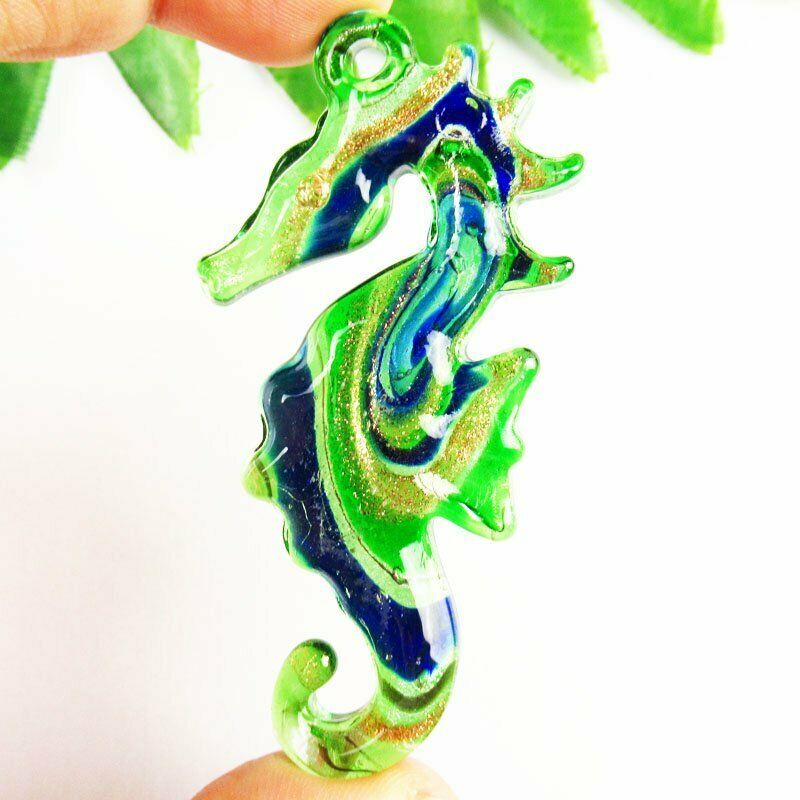 2Pcs Rainbow Inlaid Lampwork Gslass Sea Horse Pendant 28g 68x34x6mm A-408DP