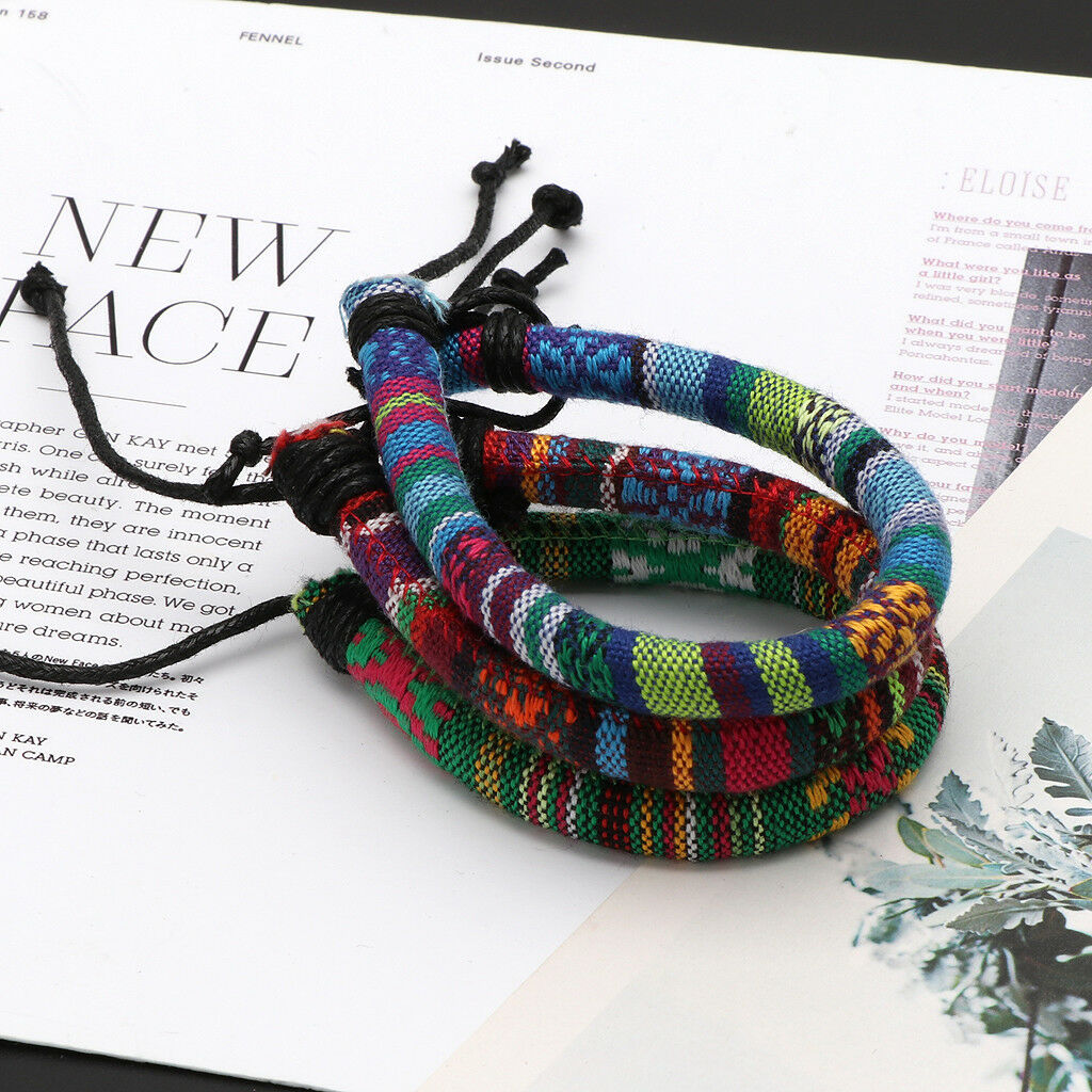 3Pcs Friendship Ethnic Tribal Cotton Boho Linen Bracelet Braid Hemp Rope Jewelry