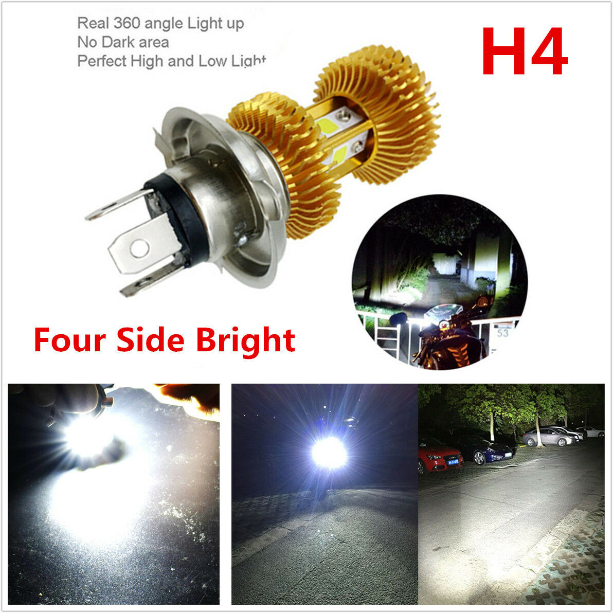 H4 18W Four Side Bright LED Motorcycle Headlight 1600LM Hi/Low Beam Front Blub