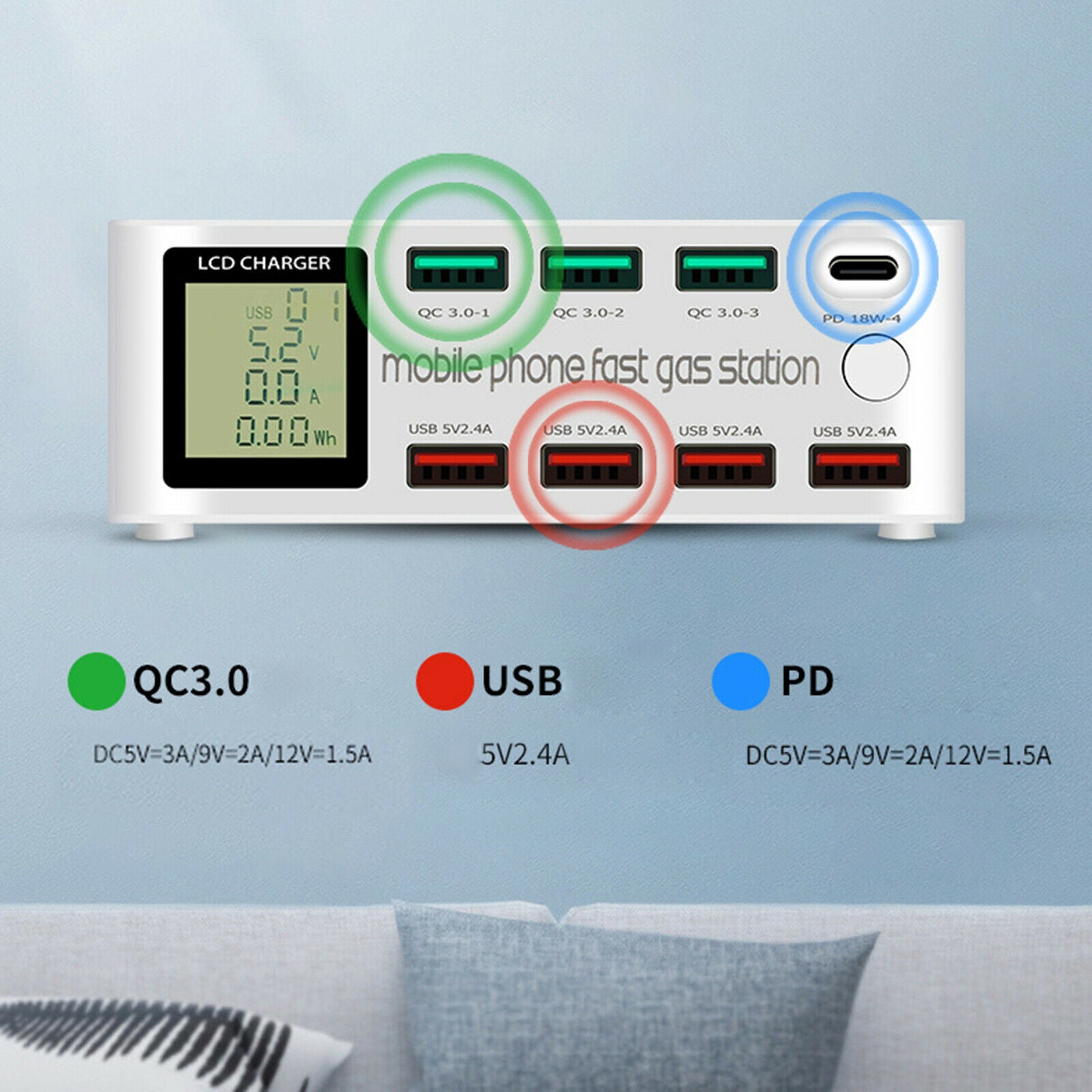 100W 8 Ports Quick Charger Charging Station PD Fast Charger LED Display AU
