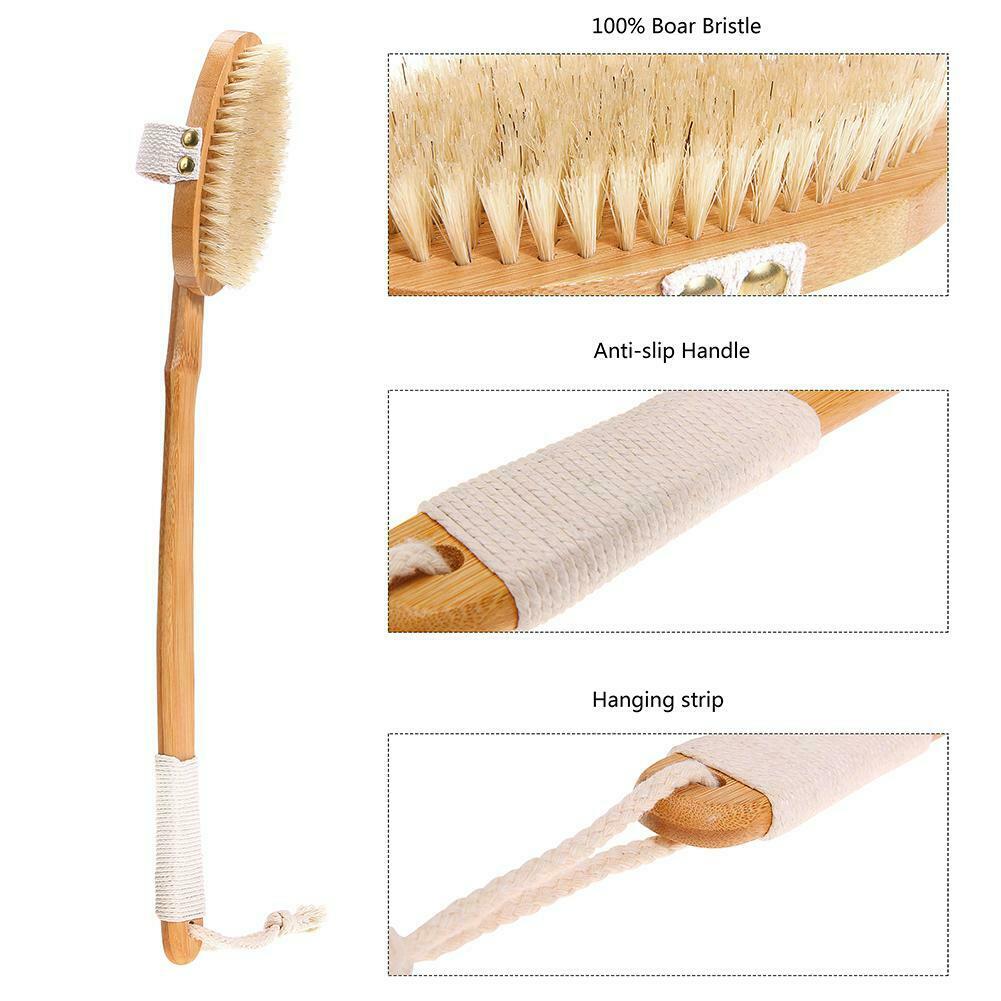 Boar Bristle Shower Bath Body Brush with Detachable Wooden Hand Grip Handle @