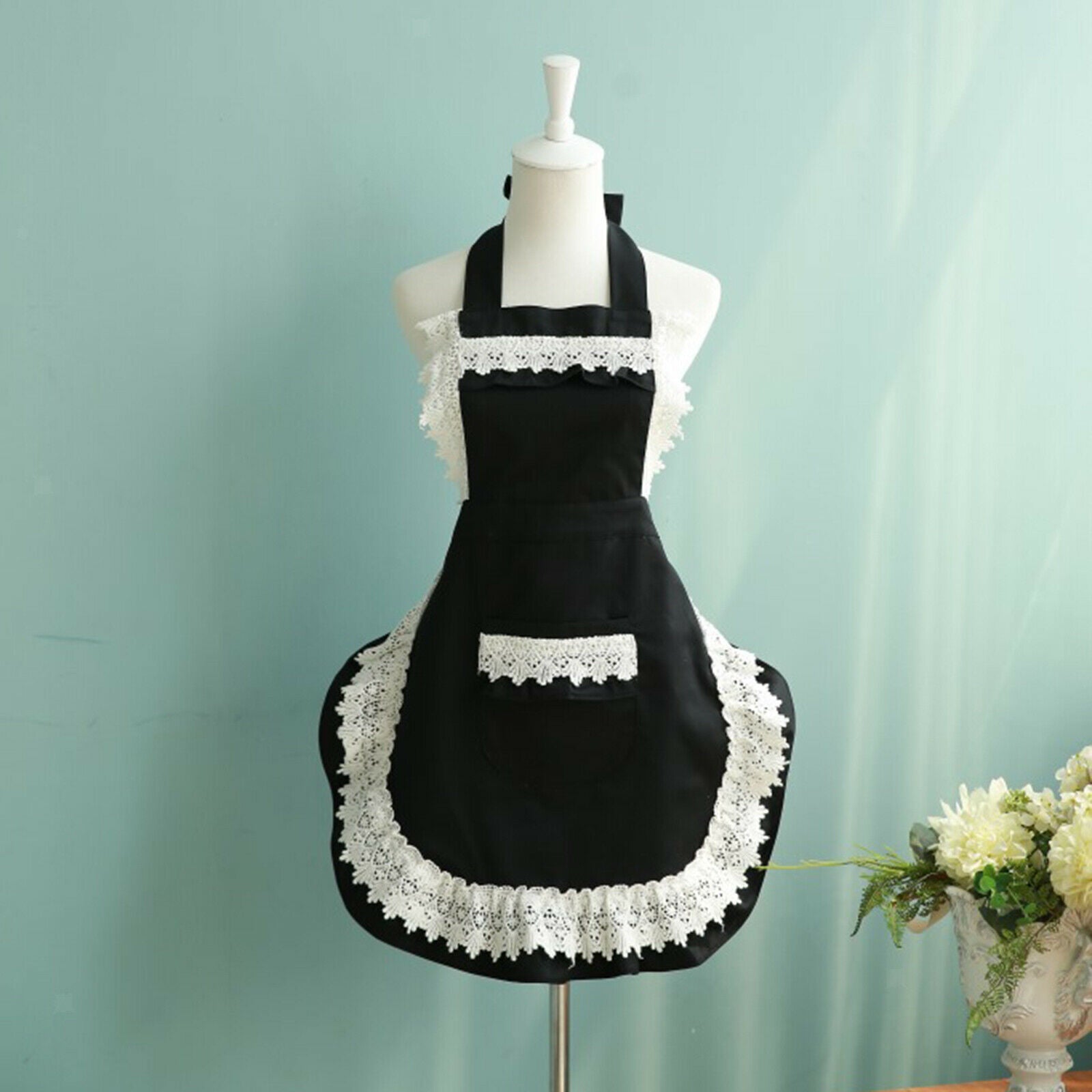 Lovely Maid Lace Purfle Aprons Cooking Coffee Shop Princess Bib With Pocket