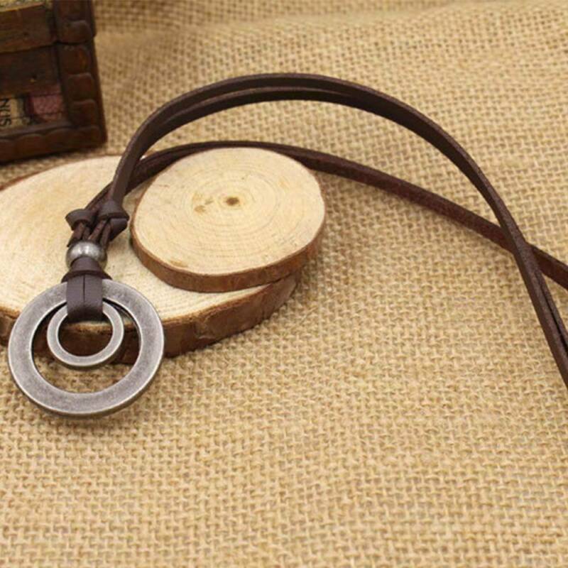 Men Women Retro Double Ring Pendant Adjustable Leather Cord Necklace Jewelry