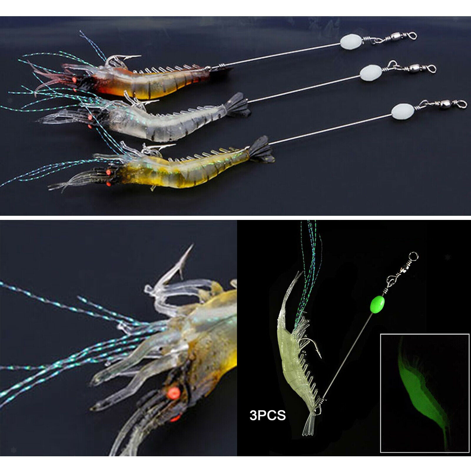 3x Shrimp Lures Bait Fishing Simulation Shrimp Saltwater Hook Luminous