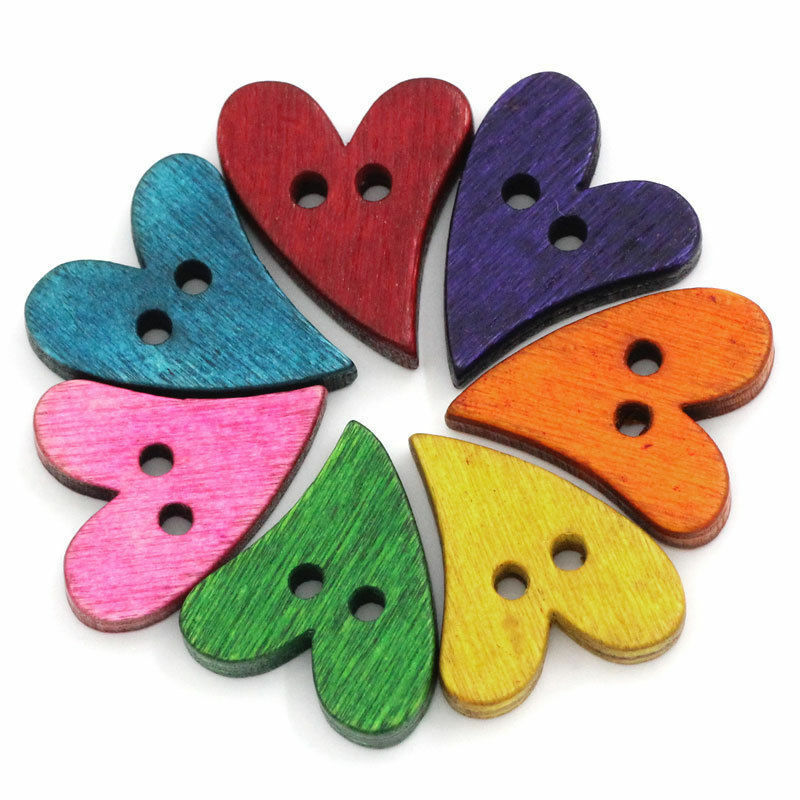 50PCs Wood Sewing Buttons Heart Love 2 Holes Mixed Scrapbook  7/8"x 5/8  21mm