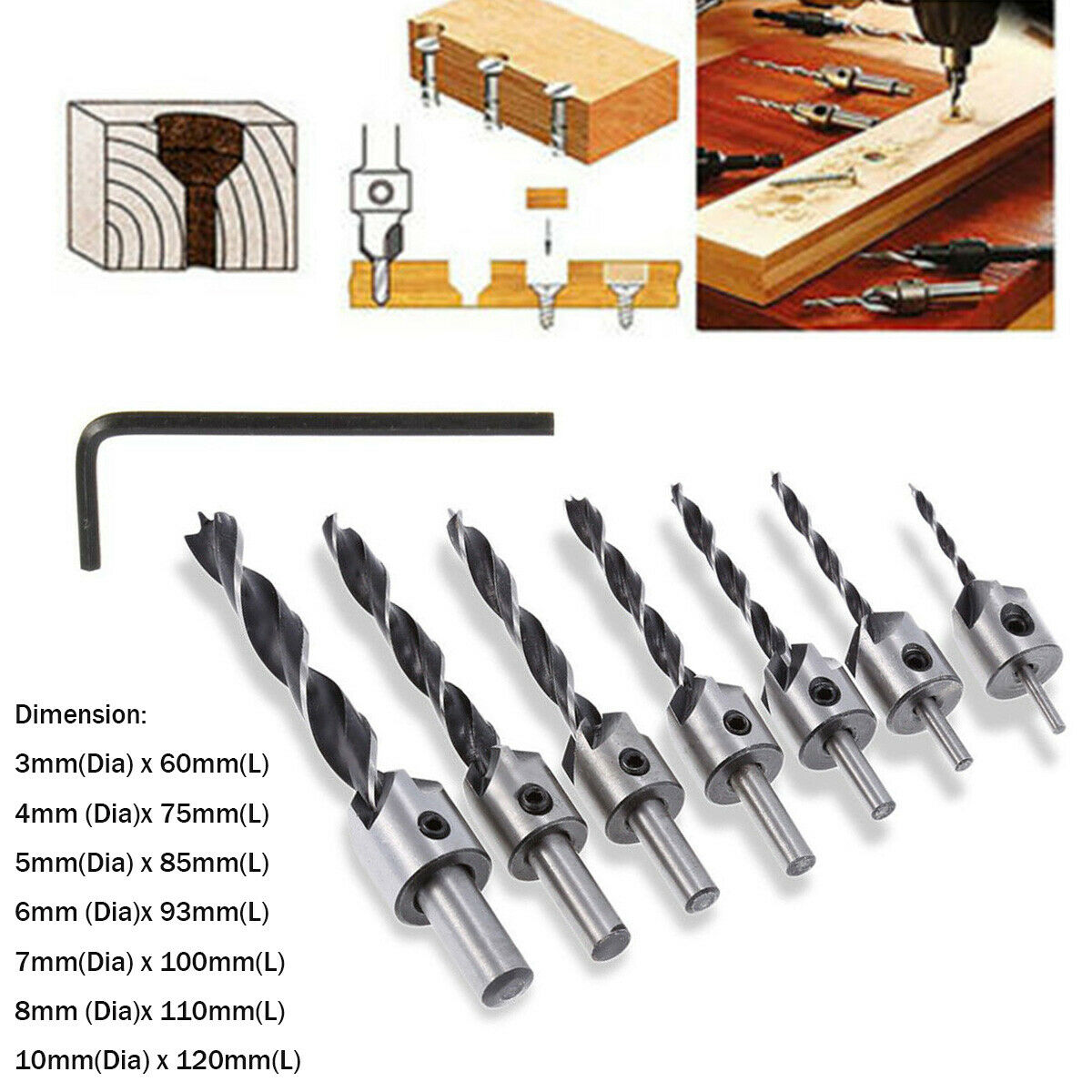 7 pcs Drill Bit Wood 5 Flute HSS Countersink Set 3 4 5 6 7 8 10mm Carpentry Tool