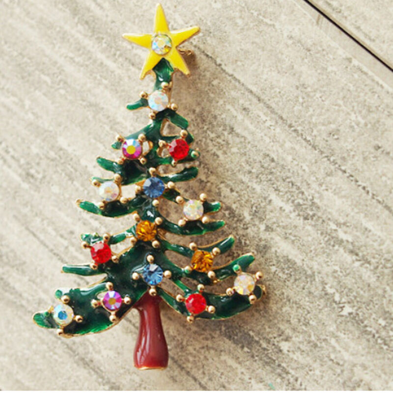 Brooch Enamel Gorgeous Rhinestone Crystal Christmas Tree Pin Holiday Party H Rf