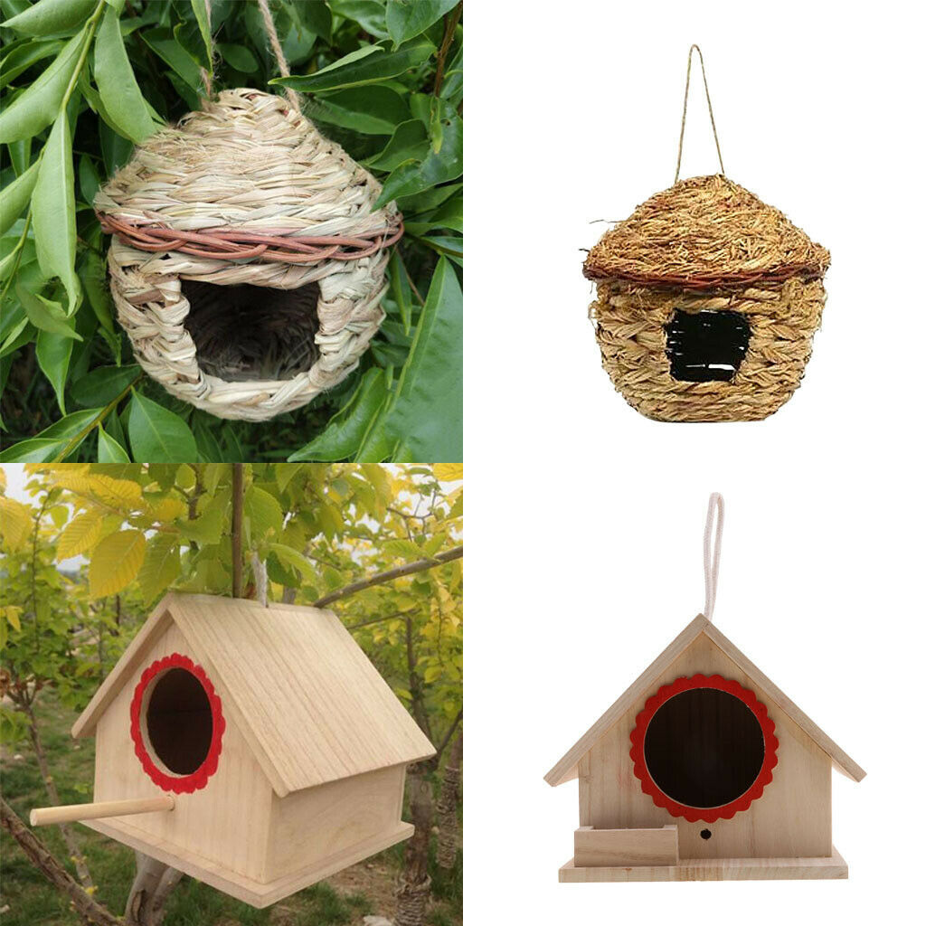 2pcs Handmade Woven Straw Bird Nest Cage Small House Shaped for Parrot Budgie