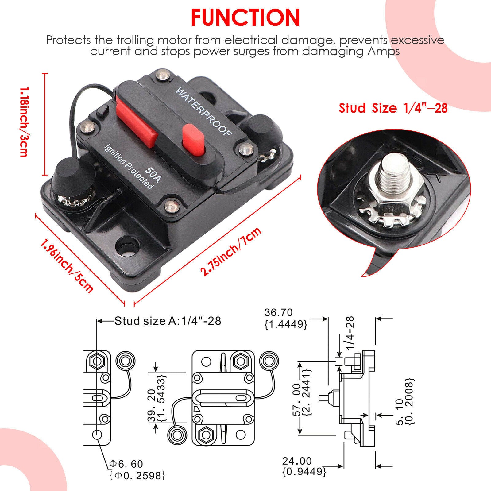 Auto Manual Reset Circuit Breaker Car Automobile Stereo Universal 50A