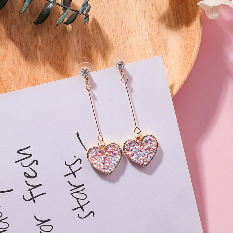 Women Crystal Pink Heart Long Drop Dangle Earrings Ear Studs Jewelry G AT.l8