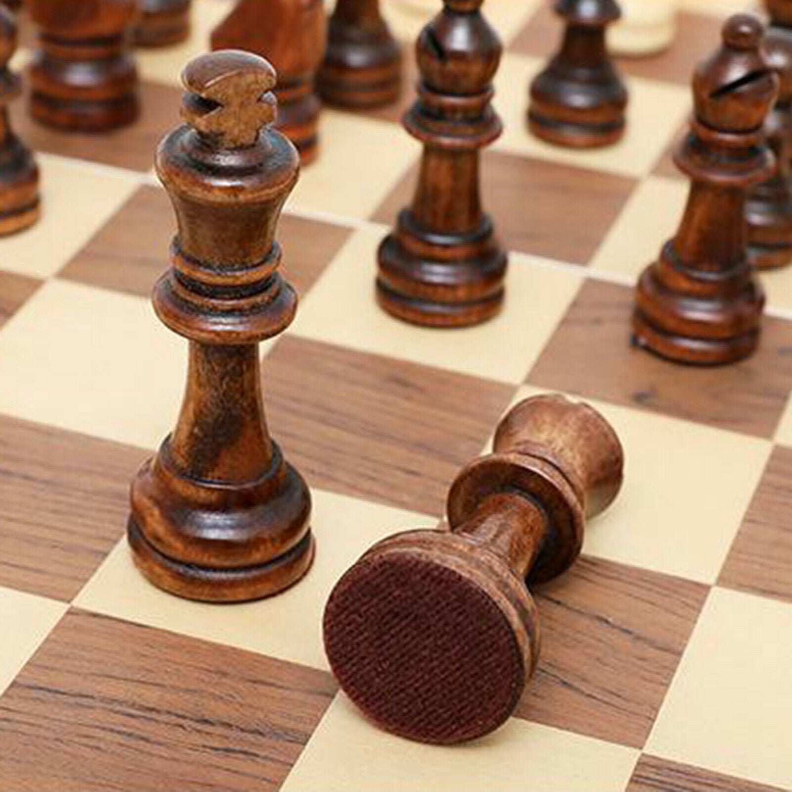 Travel Folding Magnetic Wooden Chess Kit 34cm Chessboard w/ Extra 2 Queens