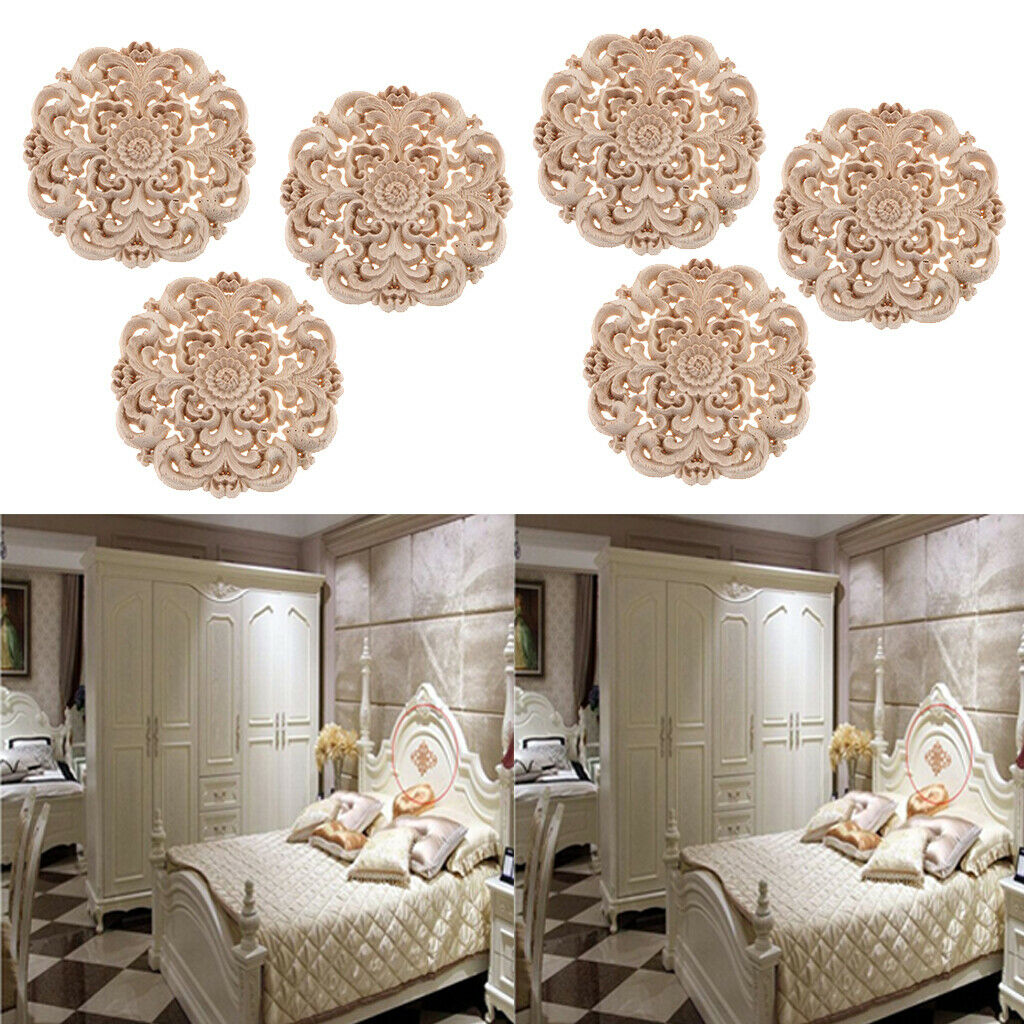 6Pcs Round Wood Carved Flower Appliques Elegant Cabinet Onlay Craft Unpainted