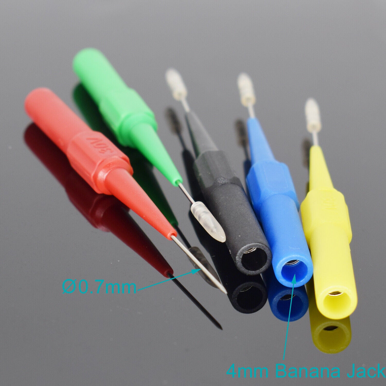 5pcs 5Color 4mm Female Banana to 0.7mm Tip Insulation Piercing Needle Test Probe