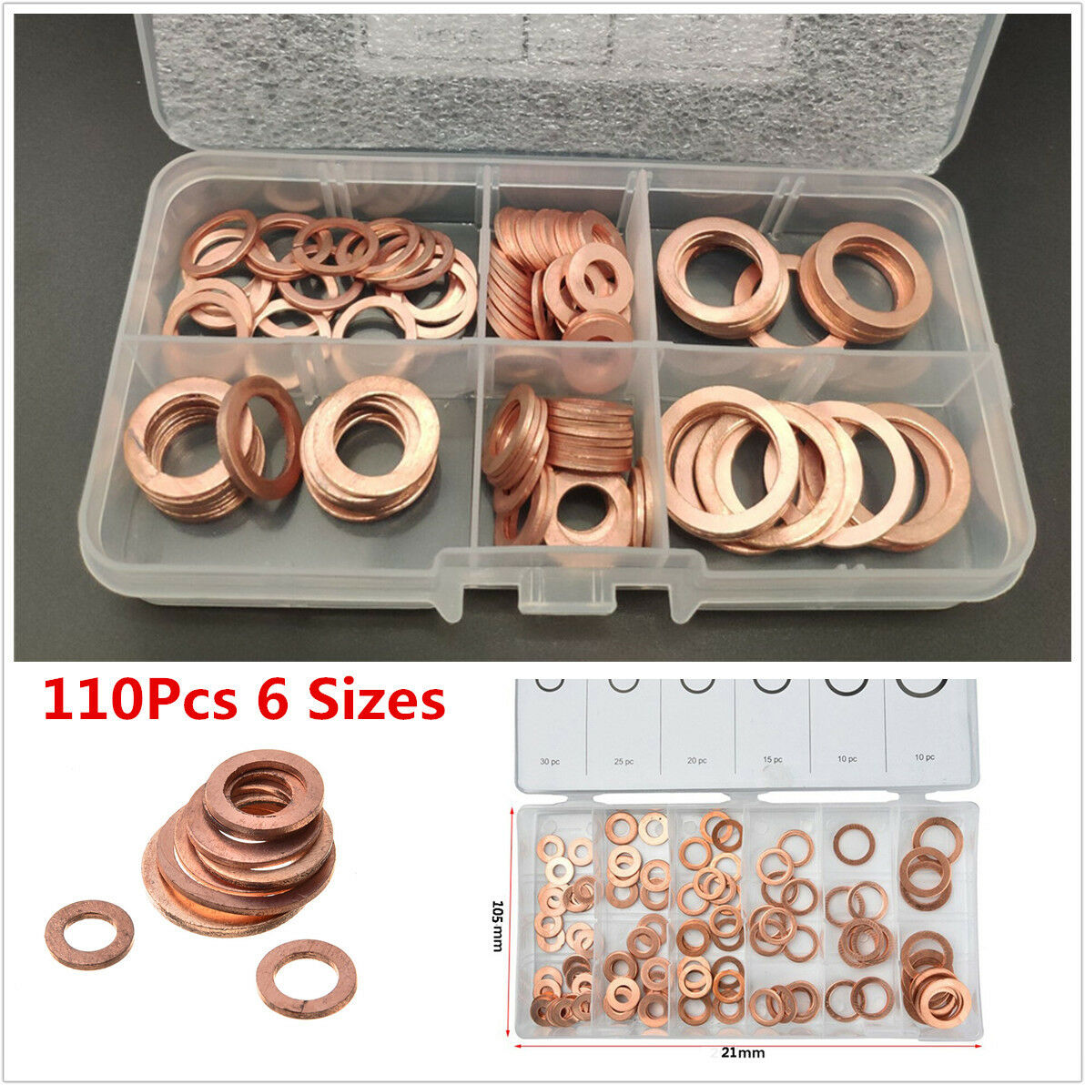 110Pcs 6 Size Car Engine Oil Drain Flat Gaskets Copper Washer Bolt Seal Ring Kit